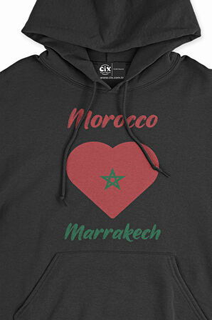 Marakeş Fas Bayraklı Kalpli Siyah Sweatshirt Hoodie