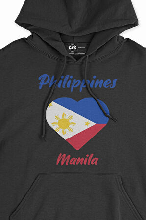 Manila Filipinler Bayraklı Kalpli Siyah Sweatshirt Hoodie