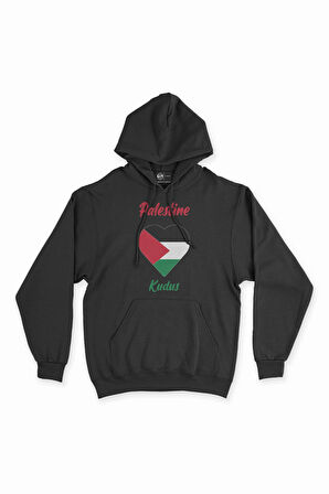 Kudüs Filistin Bayraklı Kalpli Siyah Sweatshirt Hoodie