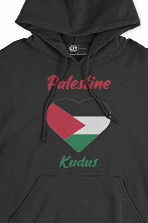 Kudüs Filistin Bayraklı Kalpli Siyah Sweatshirt Hoodie