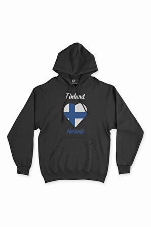 Helsinki Finlandiya Bayraklı Kalpli Siyah Sweatshirt Hoodie