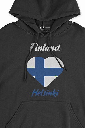 Helsinki Finlandiya Bayraklı Kalpli Siyah Sweatshirt Hoodie