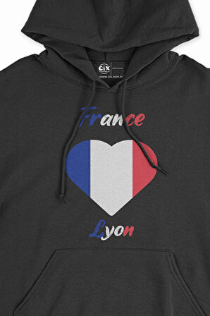 Lyon Fransa Bayraklı Kalpli Siyah Sweatshirt Hoodie