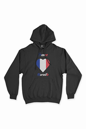 Marsilya Fransa Bayraklı Kalpli Siyah Sweatshirt Hoodie