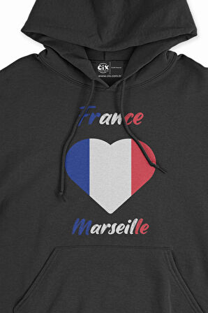 Marsilya Fransa Bayraklı Kalpli Siyah Sweatshirt Hoodie