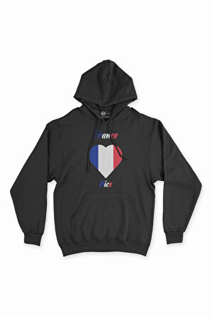 Nice Fransa Bayraklı Kalpli Siyah Sweatshirt Hoodie