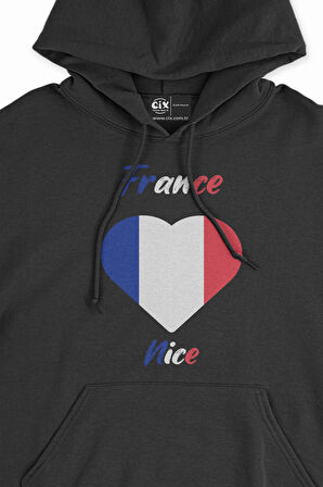 Nice Fransa Bayraklı Kalpli Siyah Sweatshirt Hoodie