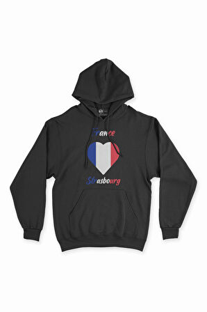 Strazburg Fransa Bayraklı Kalpli Siyah Sweatshirt Hoodie