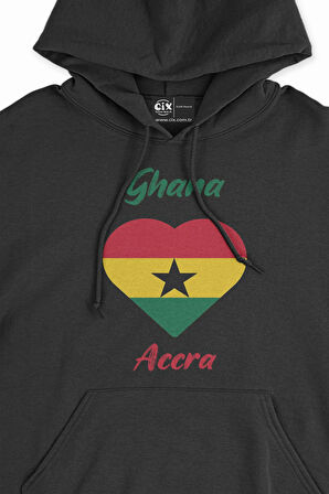 Accra Gana Bayraklı Kalpli Siyah Sweatshirt Hoodie