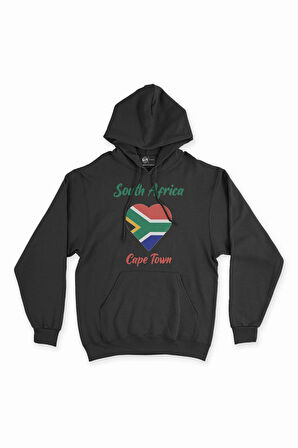 Cape Town Güney Afrika Bayraklı Kalpli Siyah Sweatshirt Hoodie