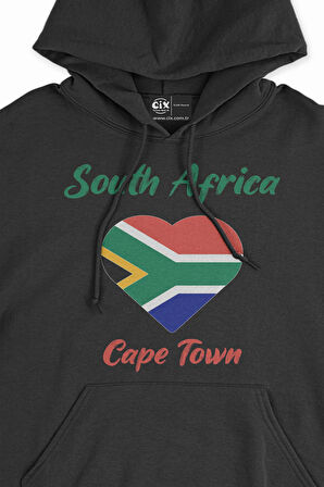 Cape Town Güney Afrika Bayraklı Kalpli Siyah Sweatshirt Hoodie