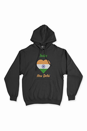 Yeni Delhi Hindistan Bayraklı Kalpli Siyah Sweatshirt Hoodie