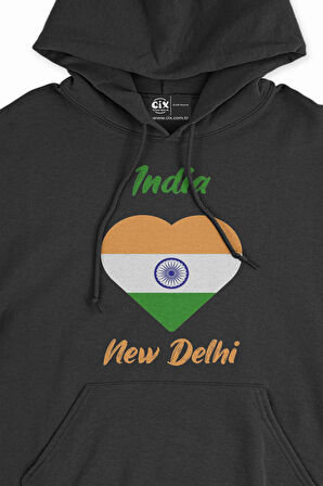 Yeni Delhi Hindistan Bayraklı Kalpli Siyah Sweatshirt Hoodie