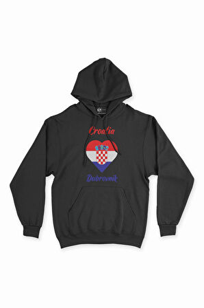 Dubrovnik Hırvatistan Bayraklı Kalpli Siyah Sweatshirt Hoodie