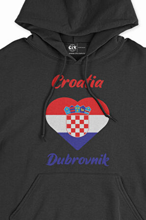 Dubrovnik Hırvatistan Bayraklı Kalpli Siyah Sweatshirt Hoodie