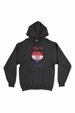 Zagreb Hırvatistan Bayraklı Kalpli Siyah Sweatshirt Hoodie