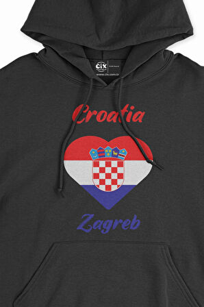 Zagreb Hırvatistan Bayraklı Kalpli Siyah Sweatshirt Hoodie