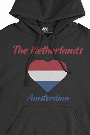 Amsterdam Hollanda Bayraklı Kalpli Siyah Sweatshirt Hoodie