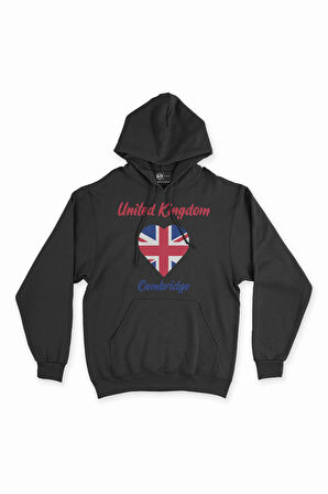 Cambridge İngiltere Bayraklı Kalpli Siyah Sweatshirt Hoodie