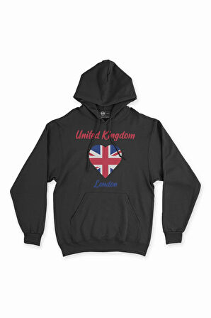 Londra İngiltere Bayraklı Kalpli Siyah Sweatshirt Hoodie