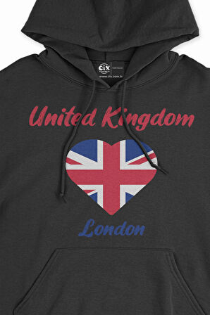 Londra İngiltere Bayraklı Kalpli Siyah Sweatshirt Hoodie