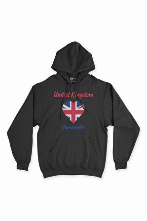 Manchester İngiltere Bayraklı Kalpli Siyah Sweatshirt Hoodie