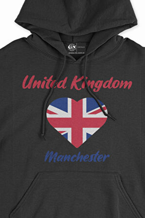 Manchester İngiltere Bayraklı Kalpli Siyah Sweatshirt Hoodie