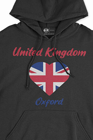 Oxford İngiltere Bayraklı Kalpli Siyah Sweatshirt Hoodie