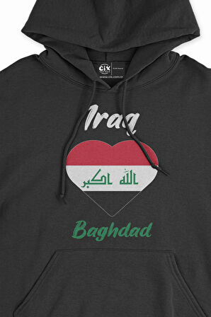 Bağdat Irak Bayraklı Kalpli Siyah Sweatshirt Hoodie