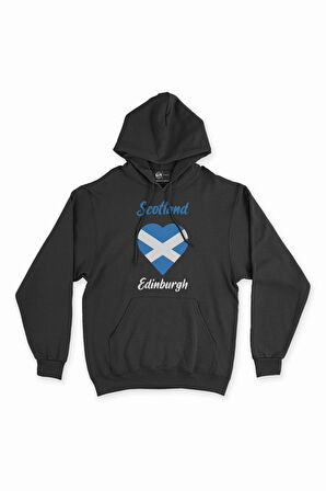 Edinburgh İskoçya Bayraklı Kalpli Siyah Sweatshirt Hoodie