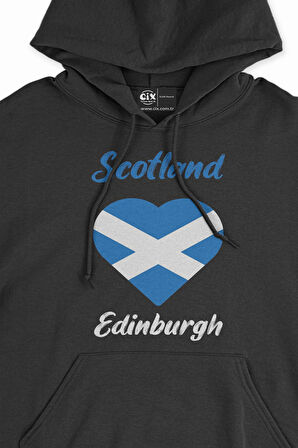 Edinburgh İskoçya Bayraklı Kalpli Siyah Sweatshirt Hoodie