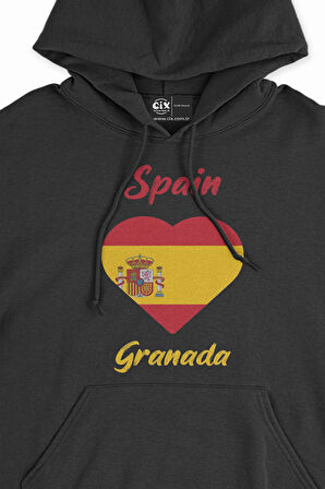 Granada İspanya Bayraklı Kalpli Siyah Sweatshirt Hoodie