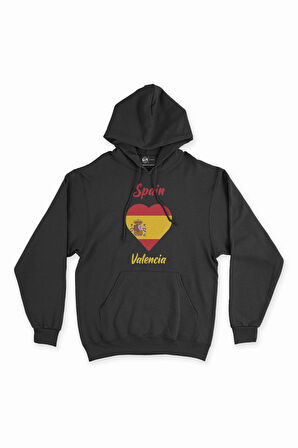 Valensiya İspanya Bayraklı Kalpli Siyah Sweatshirt Hoodie