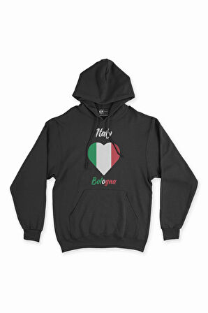 Bolonya İtalya Bayraklı Kalpli Siyah Sweatshirt Hoodie