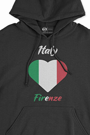Floransa İtalya Bayraklı Kalpli Siyah Sweatshirt Hoodie
