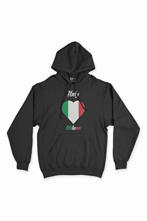 Milano İtalya Bayraklı Kalpli Siyah Sweatshirt Hoodie