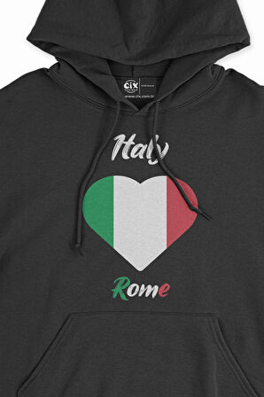 Roma İtalya Bayraklı Kalpli Siyah Sweatshirt Hoodie