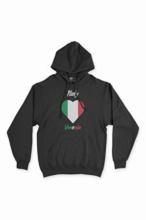 Venedik İtalya Bayraklı Kalpli Siyah Sweatshirt Hoodie