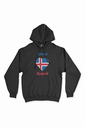 Reykjavik İzlanda Bayraklı Kalpli Siyah Sweatshirt Hoodie