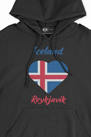 Reykjavik İzlanda Bayraklı Kalpli Siyah Sweatshirt Hoodie
