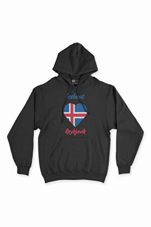 Reykjavik İzlanda Bayraklı Kalpli Siyah Sweatshirt Hoodie