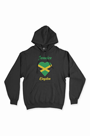 Kingston Jamaika Bayraklı Kalpli Siyah Sweatshirt Hoodie