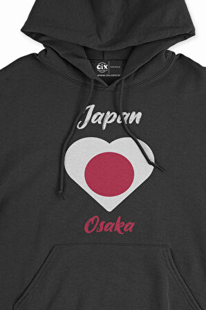 Osaka Japonya Bayraklı Kalpli Siyah Sweatshirt Hoodie