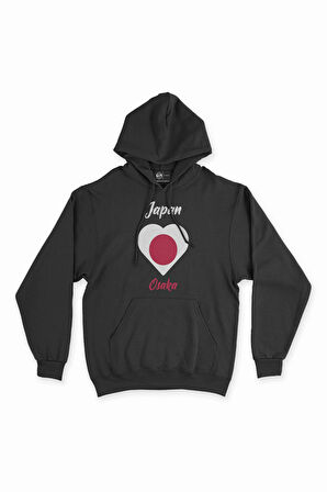 Osaka Japonya Bayraklı Kalpli Siyah Sweatshirt Hoodie