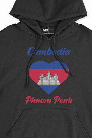 Phnom Penh Kamboçya Bayraklı Kalpli Siyah Sweatshirt Hoodie