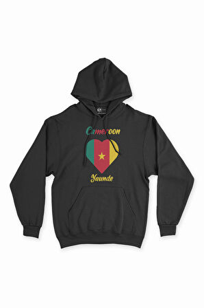 Yaunde Kamerun Bayraklı Kalpli Siyah Sweatshirt Hoodie