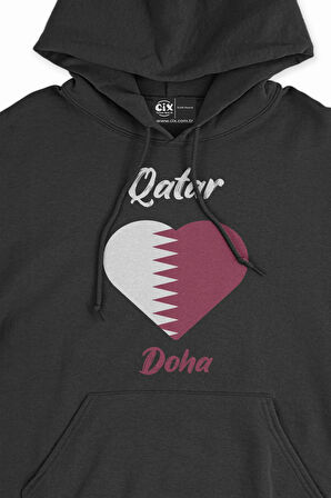 Doha Katar Bayraklı Kalpli Siyah Sweatshirt Hoodie