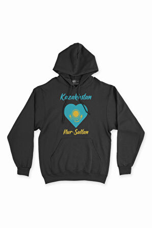 Nur Sultan Kazakistan Bayraklı Kalpli Siyah Sweatshirt Hoodie