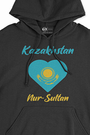 Nur Sultan Kazakistan Bayraklı Kalpli Siyah Sweatshirt Hoodie