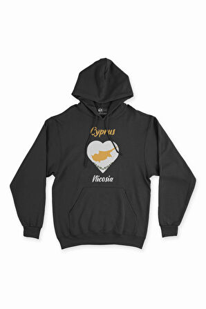 Nicosia Kıbrıs Bayraklı Kalpli Siyah Sweatshirt Hoodie